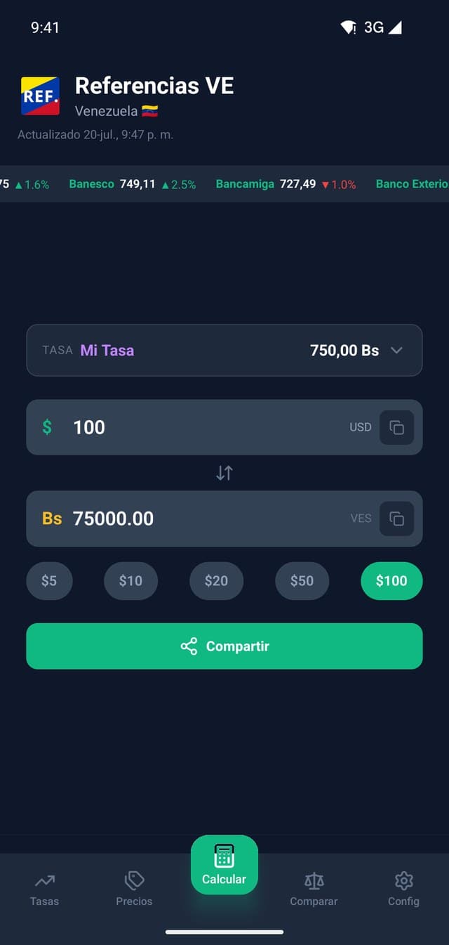 Calculadora de la app con 100 USD convertidos a bolívares