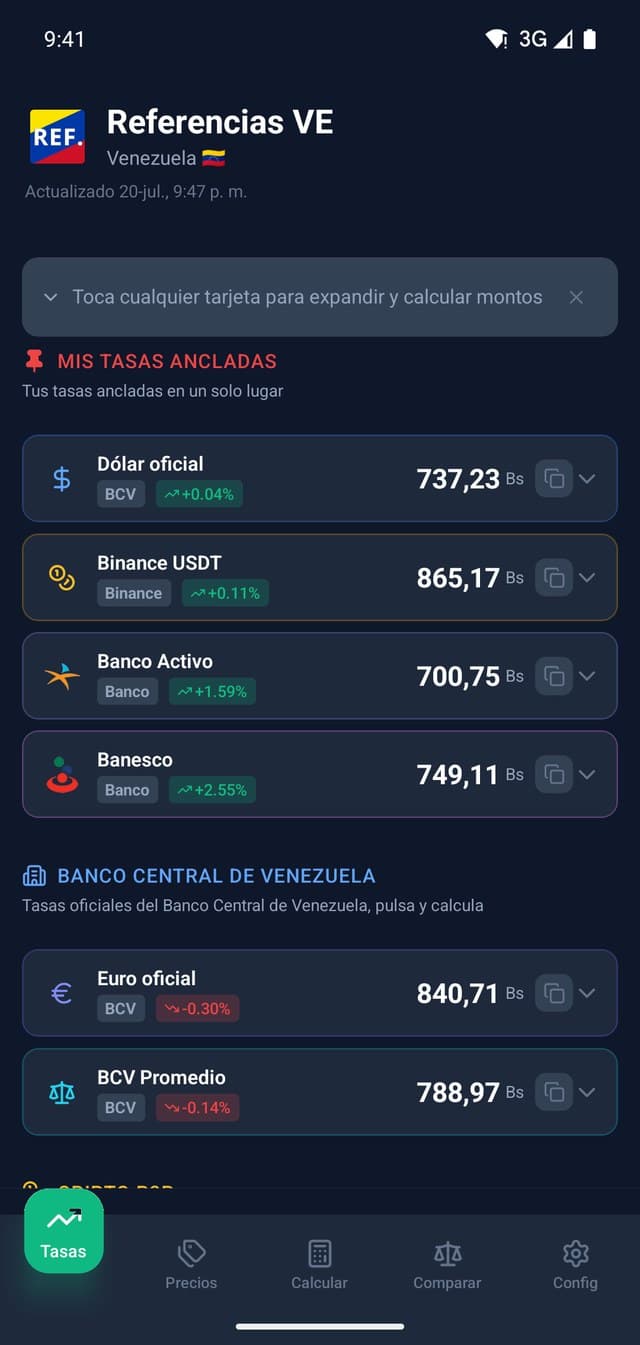 Pantalla Tasas de la app Referencias VE con el dólar oficial, Binance USDT y bancos